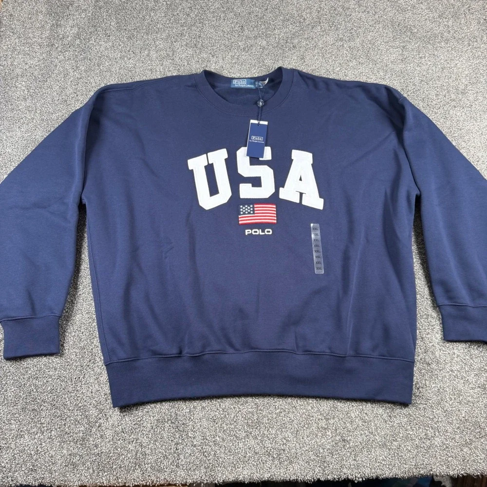 Polo Ralph Lauren Sweatshirt Men XXL Navy Blue USA Flag Graphic Fleece Crewneck